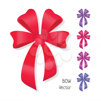 Vector bow set isolated on white. Different colors of present bows. Pussy bright bow knots. Ribbons in flat design. Overwhelming bow decorative elements. Vector cartoon illustration of classical bows