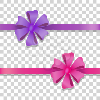 Two ribbons with bows on transparency. Violet and pink narrow long lines with colourful bows. Two bobs with six wide petals, without tails in simple cartoon design. Front view. Flat style. Vector