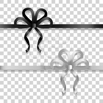 Illustration of two ribbons with bows. Black and silver narrow long lines with bows. Two bobs with four narrow petals and long tails. Simple cartoon design. Black and white colors. Flat style. Vector