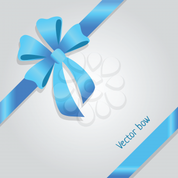 Vector Bow. Shiny wide blue ribbons. Satin line. Tied bob. Colourful bow with four petals and two long tails. Bright decoration for gifts, presents, boxes. Simple cartoon design. Flat style. Vector