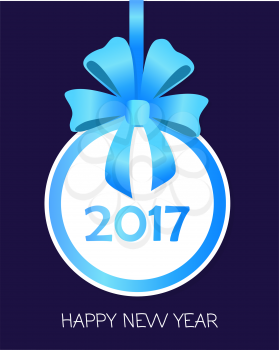 Happy New Year 2017 round banner with red ribbon and big bow. Toy with white center. Christmas tree decoration. Greeting card template. Simple cartoon design. Front view. Flat style. Vector.