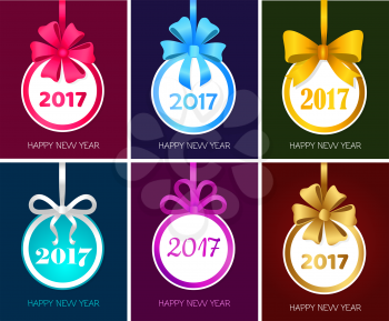 Happy New Year 2017 round Christmas toy with ribbons, big bows. Set collection of xmas banners. Christmas tree decoration. For greeting card, poster. Cartoon design. Flat style. Vector illustration