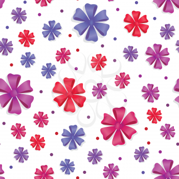 Flower bows seamless pattern. Pussy bright bow knots isolated on white. Gift knot of ribbons endless texture. Overwhelming bow without ends decorative element. Flat style, Vector cassical bows