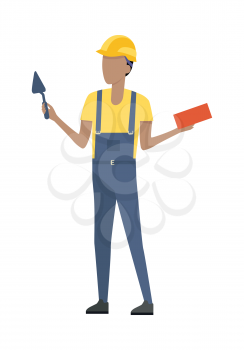 Worker holding metal trowel and rectangular red brick isolated on white. Man in blue robe and yellow helmet, t-shirt. Cartoon style. Builder constructor. Housebuilder. Flat design. Vector illustration