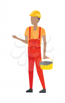 Worker holding yellow bucket of cement in hand isolated on white. Bended right hand. Man in red robe and yellow helmet, t-shirt. Cartoon style. Builder constructor. Housebuilder. Flat design. Vector