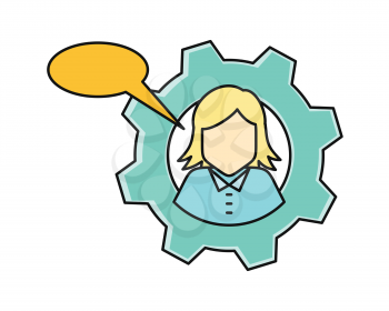 Young woman private icon with dialog window. Young blonde woman in blue shirt. Avatar in gear. Social networks business private users avatar pictogram. Round line icon. Isolated vector illustration.