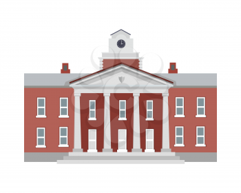 Big brown building with four white columns in simple cartoon style isolated illustration. Two floors. Round clock on top of establishment. Front view. Museum. School. College. Flat design. Vector