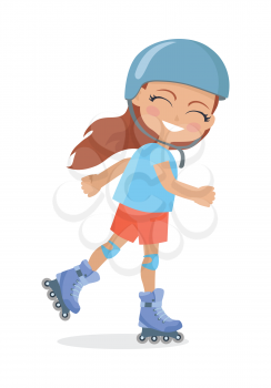 Girl with long brown hair in helmet roller skating. Nice female person in blue t-shirt with pink flush on face. Active way of life. Kindergarten concept. Cartoon style. Flat design. Vector illustration