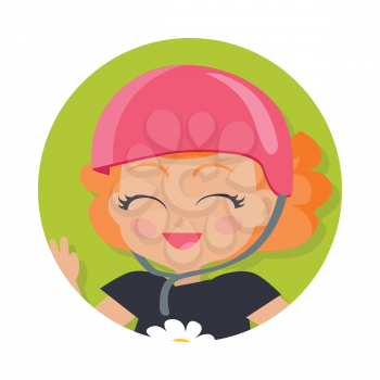 Illustration of isolated girl with short wavy red hair. Portrait of nice female person in dark t-shirt and round pink helmet. Flush on face. Simple cartoon style. Front view. Flat design. Vector