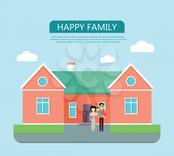 Happy family on the background of red house with green roof. Home house in flat design style. Home, building, house exterior, real estate, family house, modern house. Website template.