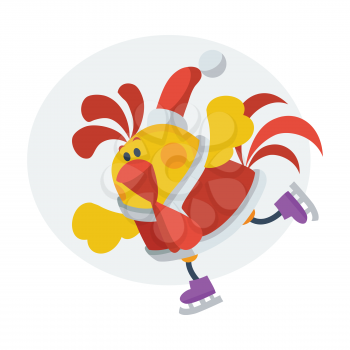 Rooster on skates. Cock in Santa clothing  skating on ice isolated flat vector. Chinese zodiac calendar animal character. Cute rooster cartoon for New Year greeting card, xmas holiday invitation