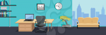 Workplace and working break horizontal web banner in flat style. Bright office interior design with modern furniture, plants, racks with documents and ceiling light. Comfortable place for work