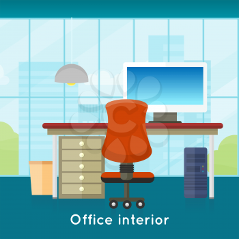 Office interior background. Modern office interior with desktop in flat design. Interior office room. Modern office room against the window. Office space. illustration of office. Working place