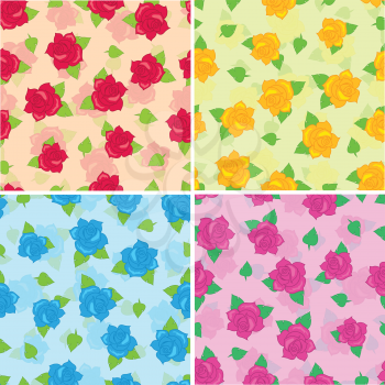 Rose with green leaves seamless pattern set. Isolated big purple red blue yellow blossoms in cartoon style walllpaper, wrapping paper. Fashion decoration endless texture. Floral embellishment. Vector