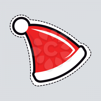 Illustration of isolated Santa Claus hat. Cut out of paper. Christmas cap in triangular shape with white long line beneath and ball on top. Simple cartoon style. Hat patch. Flat design. Vector