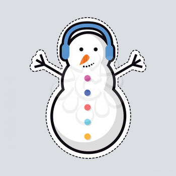 Illustration of isolated New Year snowman with blue earphones on head. Cut out of paper. Front view. Snowman with raised hands and orange carrot nose. Colourful buttons. Flat design. Vector.