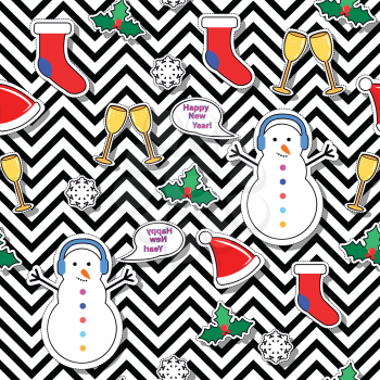 Snowman, socks, speech bubble, mistletoe, snowflakes, champagne glasses seamless pattern on abstract background. Christmas elements in cartoon style. New Year wallpaper design endless texture. Vector