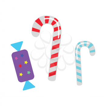 Christmas candies isolated. Two sweet bent striped lollipops, blue and red. Bonbon in colourful violet wrapper with bright stars. Cartoon design comic illustration in 80s 90s style. Flat style. Vector