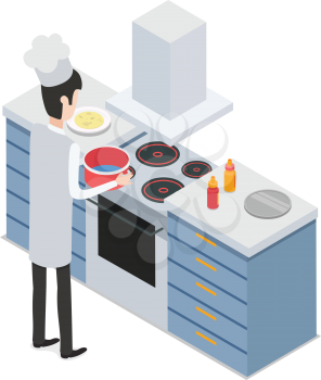 At kitchen. Male chef taking pot with water on four-burners cooker. Process of meal preparing. Sauce bottles and tray are on workplace. Isolated man wearing white uniform and hat. Flat design. Vector