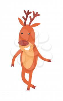Christmas deer isolated on white. Reindeer greeting you. Smiling cartoon character in flat style design. Deer wishes Merry Christmas and Happy New Year. Cute deer posing. Vector illustration