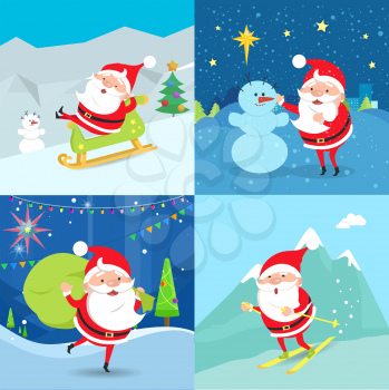Collection of Santa Claus Characters. Four Banners. Santa riding a sleigh. Santa standing near snowman. Santa Claus waving and holding green sack of presents. Santa moving down from mountains. Vector