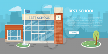 High school building vector illustration. Flat design. Public educational institution. Modern projects of educational establishments. School facade and yard. Front view. College organization