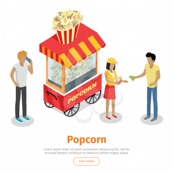 Popcorn concept web banner. Street cart store on wheels with popcorn, seller with bucket and customers with money isometric projection vector illustration on white background. For fast food cafe ad