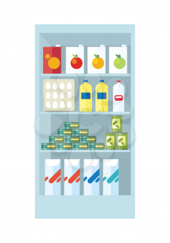 Shelve in shop with food products vector.  Assortment of goods in grocery section in supermarket. Juice, eggs, preserves, milk,  illustrations for stores ad, shopping and merchandising concepts.   