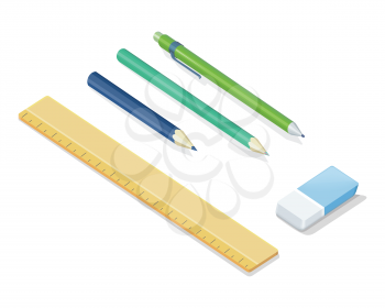 Stationery set. Pencils, ballpoint pen, eraser, ruler vector illustrations in isometric projection isolated on white background. Office supplies collection. For educational, drawing, business concepts