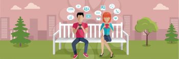 Internet addiction banner. Woman and man whis smartphone sitting on wooden bench in the park. People with dialog windows. People using phone. Urban cityscape with people, park, bench, trees, sky.