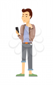Teenager with gadgets. Young boy in casual closing with mobile phone listening music from portative player flat vector isolated on white. Communication in social media and using online services 