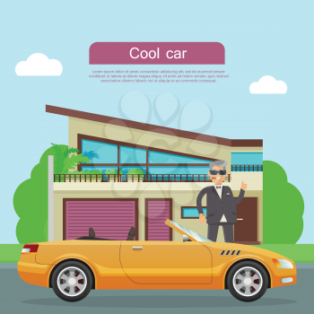 Cool car banner. Businessman with cigar standing near sports cabriolet and modern mansion flat vector illustration. Success in business and wealth concept. For car shop ad, company web page design