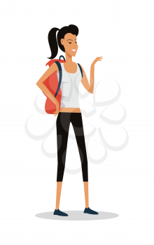 Smiling young girl in shorts, with backpack full of supplies, ready for trip isolated on white. Hiking with backpack illustration. Hiking woman logo icon. Summer vacation in road concept. Vector
