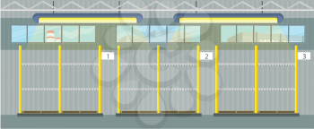 Empty pallet in warehouse interior. Shelves for goods with personal numbers. Logistic and factory. Business delivery. Waiting for the cargo delivering into the storage. Vector illustration