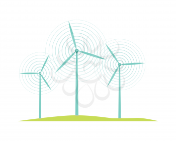 Windmill icons isolated on white. Flat design style. Mill converts energy of wind into rotational energy by means of vanes called sails or blades. Wind turbines used to generate electricit. Vector
