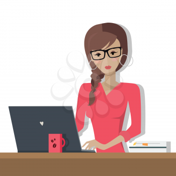 Working day. Woman planning her work for a week. Girl working with computer writing a plan of her actions. Part of series of daily routine of the week. Working hours, schedule. Vector illustration.