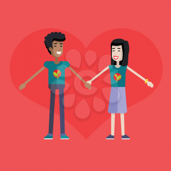 Happy boy and girl holding hands on the background of heart. Cute couple in love holding hands. First love. Smiling young personages on red background. Vector illustration in flat.
