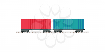 Train worldwide warehouse delivering. Logistics container shipping and distribution. Transportation to any part of the world. Railway delivering. Loading and unloading boxes. Vector illustration