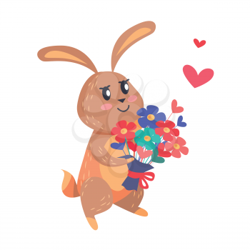 Bunny with bouquet of flowers isolated on white. Romantic hare wishes you love. Lovely rabbit with flowers. Cute cartoon post card design. Valentines day concept vector illustration in flat style