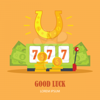 Good luck concept vector banner in flat style. Horseshoe, slot machine with sevens, dollar bills and gold coins.  Illustration for gambling industry, sport lottery services, icons, web pages design. 