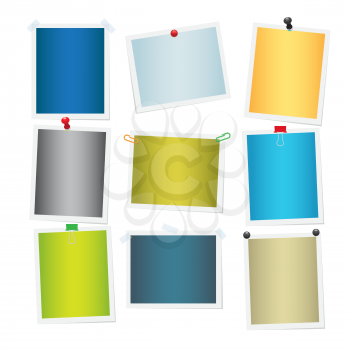 Empty colourful attached photos collection on white. Vector poster of yellow, green, blue, grey and beige pictures with white frames. Decorative elements for interior decoration with empty space