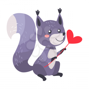 Grey squirrel with heart on stick isolated on white. Raccoon with greetings. Sexy squirrel with bushy tail. Cartoon animal post card design. Valentines day concept vector illustration in flat style