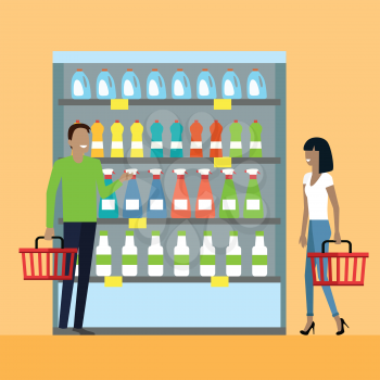 Consumers choice concept vector. Flat design. Household chemistry section in supermarket. Man and woman with baskets in hand choose products from store shelves. Illustration for sales and discounts ad