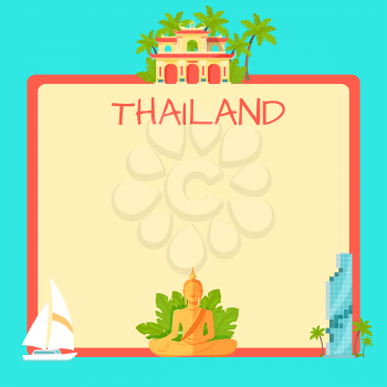 Thailand touristic banner with national symbols and copyspace. Thai cultural, architectural and nature attractions flat vector illustration. Vacation in exotic country concept for travel company ad