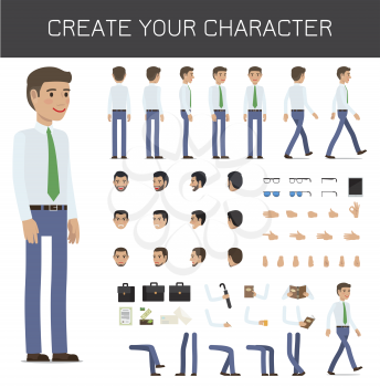 Create your character businessman set on white. Vector infographic poster of full length male person portrait and his poses, black suitcsses, bent arms with objects and legs, faces with emotions