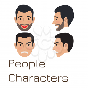 People characters. Sad and happy man avatar user pic. Vector front and side view of upset and laughing person. Male head with disappointed and smiling facial expression. Adult profile icon vector