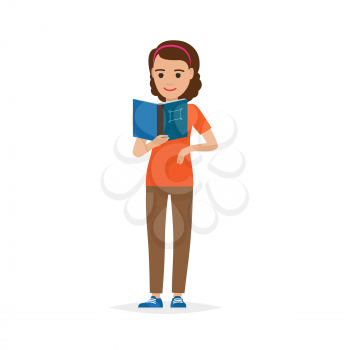 Isolated adult female person reading literature on white. Vector illustration in flat style of girl student with blue book and square on cover in hand. Learning calm process with publishing edition