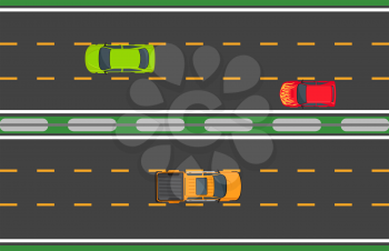 Highway traffic concept with red, green cars on one road and orange pickup on another road. Vector illustration of top view driving means of transportation on asphalt highroad in flat style.