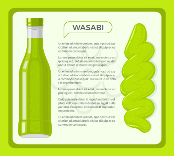 Wasabi sauce framed banner with sample text. Traditional seasoning for sushi in shining bottle flat vector. Japanese national cuisine ingredient illustration for restaurant menus design