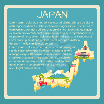 Japan framed touristic banner with sample text. Japaneses national, architectural, nature symbols on country map silhouette vector illustration. Vacation in asian country concept for travel company ad